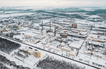 Aerial shot of chemical industry plant in winter