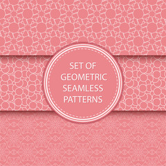 Compilation of geometric seamless patterns. Pink and white mixed shapes backgrounds