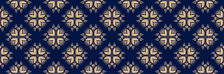 Golden floral print. On dark blue seamless background