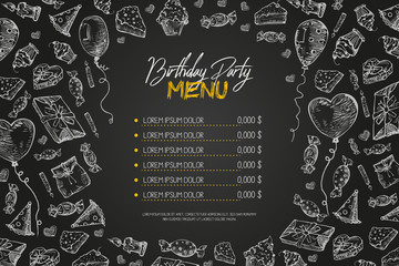 Kids birthday menu vector template, cute children birthday restaurant creative flyer, on black background. Chalk on blackboard hand drawn sketch style illustration Hand drawn vector illustration.