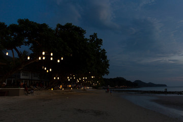 Night view of Thailand beach. Lights on the beach.