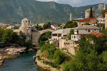 Fototapeta na wymiar Mostar - Old Bridge and Neretva river, Bosnia and Herzegovina