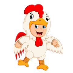 A boy wearing rooster costumes