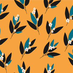 Seamless pattern with cute doodle branches with leaves and white flowers, vector