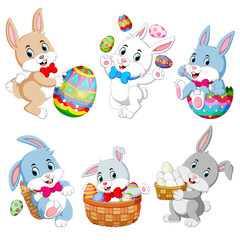 Set of cute Easter rabbits with Easter eggs