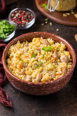 Bulgur with turkey, pork or beef. Eastern dish of rice, tasty traditional food. Stewed meat with grits. Pilaf on dark background