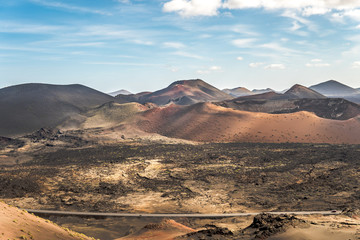 Amazing  landscape of Timanfaya National Park on the volcanic island of Lanzarote (Canary Islands) in Spain.