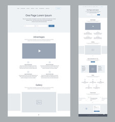 One page website design template for business. Landing page wireframe. Flat modern responsive design. Ux ui website: home, advantages, gallery, special benefits, steps, testimonials, contacts.
