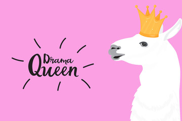 Alpaca in a golden crown. Fun quote Drama Queen. Print for card, poster, t-shirt