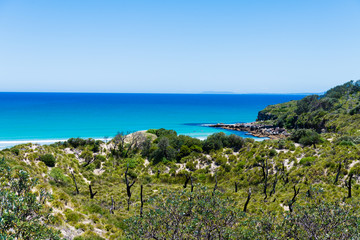Landscape view over Cave beach in Jervis Bay, Booderee National Park, NSW, Australia