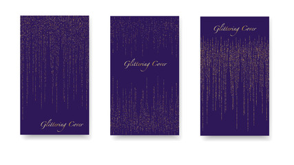 Shiny festive gold backgrounds. Set of violet gold covers, templates, printing elements, cards. Round glowing confetti, festive tinsel, magic design for printing. Glittering Vector Cover.