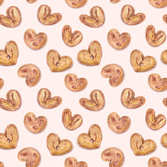 Seamless pattern of puff homemade cookies on a pink background.