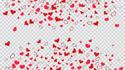 Fototapeta na wymiar Spring background. Red hearts of confetti are falling. The idea of wallpaper design, textiles, packaging, printing, holiday invitation for birthday. Red on Transparent background Vector.