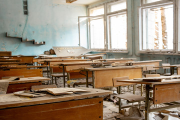  The thrown and destroyed school in Pripyat after the Chernobyl accident in Ukraine in 1986. School...