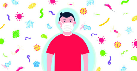 Obraz premium Kid boy with protection mask with bacterias and microbs behind him flat style design vector illustration isolated on white background. Flu and season diseases protection concept. Be healthy!
