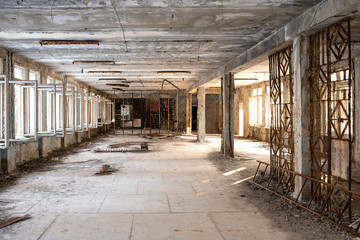  The thrown and destroyed school in Pripyat after the Chernobyl accident in Ukraine in 1986.