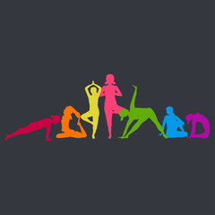 Colorful woman silos in various poses of yoga.  Fitness Concept. Gymnastics. Aerobics. Vector illustration