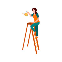 Woman with watering can on ladder. Woman - gardener. Vector cartoon illustration isolated on the white background. © Kostiantyn