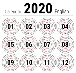 Calendar 2020. Vector English round calender. January, February, March, April, May, June, July, August, September, October, November, December. Sunday. Design template. Circle
