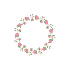 Wreath (circle frame) with flowers and leaves, hand drawn template. Design for invitation, wedding or greeting cards. Vector illustration.