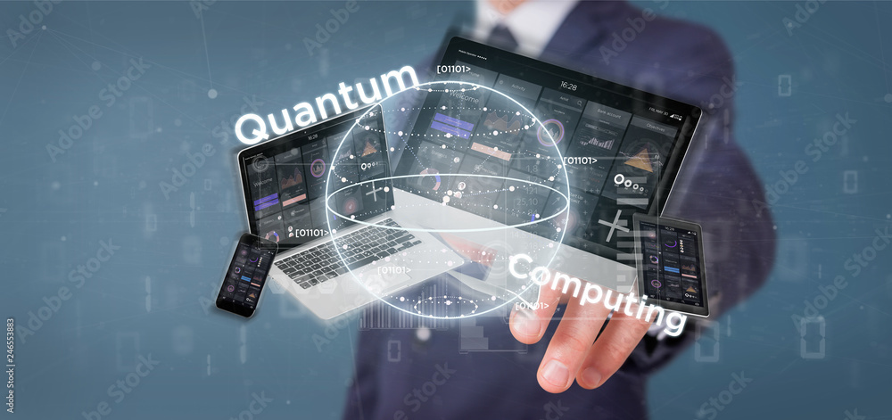 Poster businessman holding quantum computing concept with qubit and devices 3d rendering