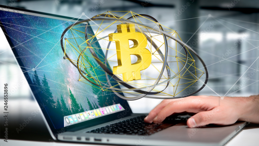 Poster businessman using a computer with a bitcoin crypto currency sign flying around a network connection 
