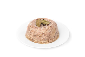 Jellied aspic with chicken meat, traditional Russian dish holodets isolated on white background.