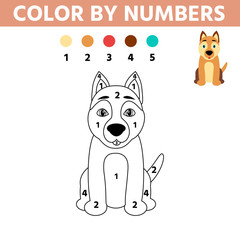 Coloring page with cute dog. Color by numbers educational children game, drawing kids activity, printable sheet. Vector illustration.