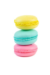 Delicious three multicolored macaroon on a white background 