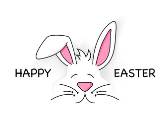 Happy Easter Greeting Card with Cute White Bunny Head on White Background - Colored Illustration, Vector