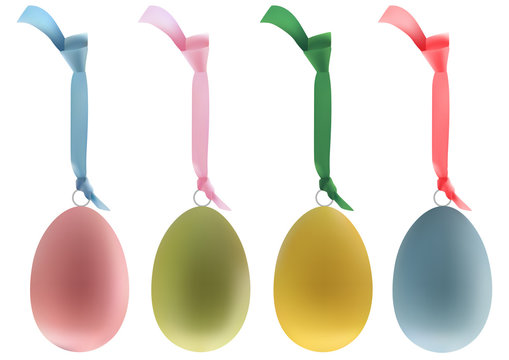 Hanging Colored Easter Eggs - Painted Eggs with Colored Ribbons Isolated on White Background, Vector Illustration