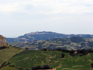 View from the fortress of San Leo to mount Titano  and the Republic of San Marino, Italy, Europe.
