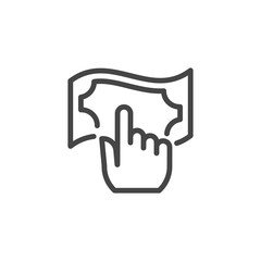 Hand and money bill linear icon. Click on banknote button. Commerce pictogram. Purchase, banking, exchange, finance transaction sign. Label isolated on white. Vector illustration