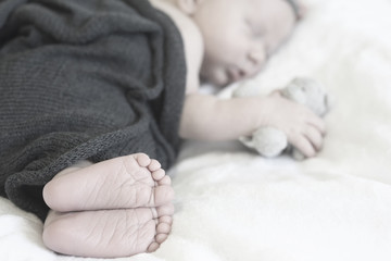 newborn baby sleeping in the arms of a toy