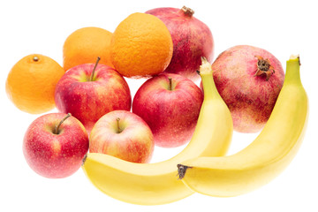 Ripe bananas and apple other fruits on white background