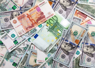 Dollars and Russian rubles. Euro on the table as background