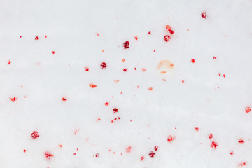Red blood on white snow as a background
