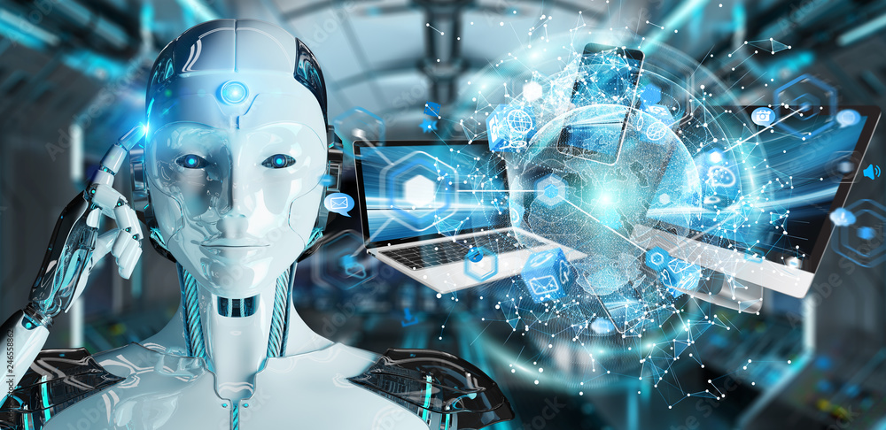 Poster white cyborg connecting devices together 3d rendering