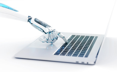 White robot cyborg hand pressing a keyboard on a laptop 3D rendering