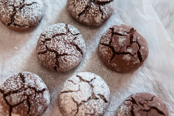 freshly baked chocolate cookies sprinkled with powdered sugar close-up