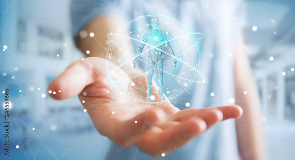 Poster Businessman using digital x-ray human body scan interface 3D rendering