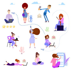 Men and women vector colorful illustration of communication via the Internet, social networking,chat, video,news,messages,web site, search friends, mobile web graphics