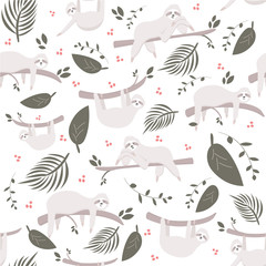 Cute sloth on the branch seamless pattern. Vector illustration