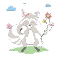 Lovely cute raccoon girl keeps the bouquet of flowers. Spring card