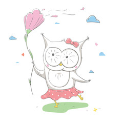 Lovely cute owl in a skirt with polka dots with a big flower. Spring card