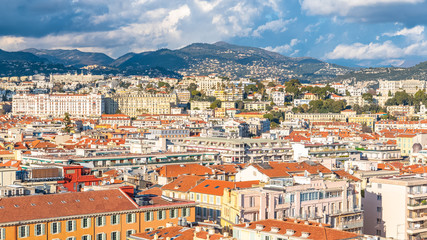 Fototapeta premium Nice, aerial view of colorful houses on the hill, on the French Riviera, Cote d’Azur