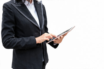 Businesswoman holding tablet and touching on display on white background