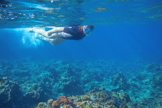 Young woman snorkeling underwater photo. Snorkel in coral reef of tropical sea. Young girl in fullface snorkeling mask.
