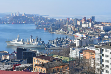 Vladivostok, Russia. Architecture and ships of the center of Vladivostok city