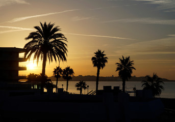 Beautiful view of the sunrise from the hotel by the sea.